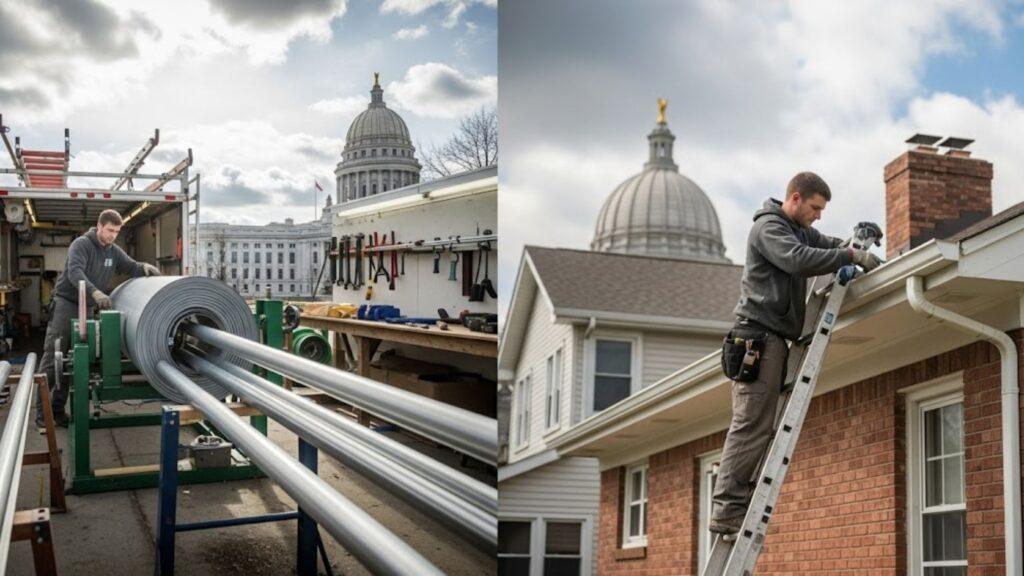 Two men work: one with metal pipes, the other on a ladder by a house, dome buildings behind.