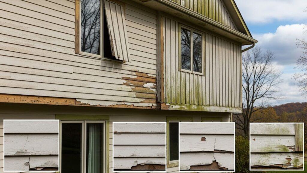 Damaged house siding with peeling paint, rot, and mold; close-ups show cracked and chipped panels.