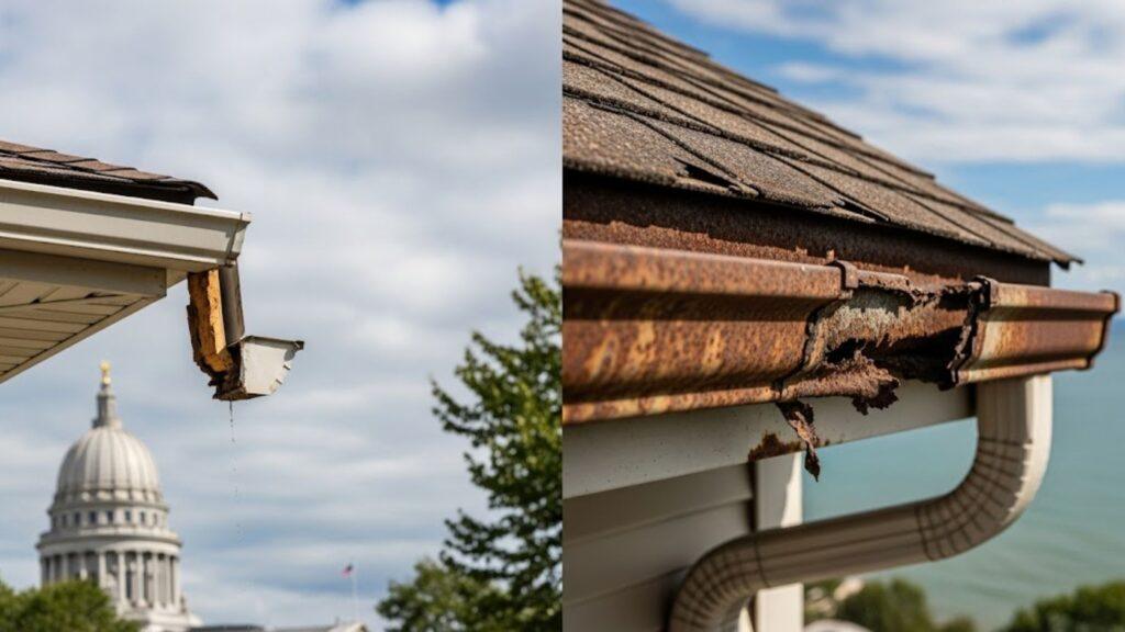 Close-up of rusted, damaged gutters on roofs with sky and buildings in the background.