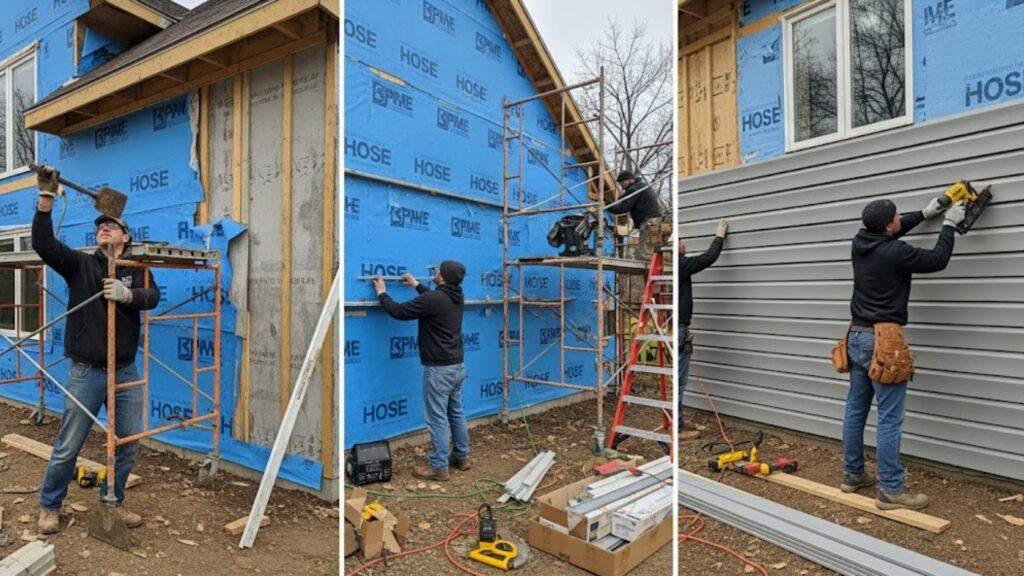 Workers install house wrap and siding on the exterior of a house under construction.