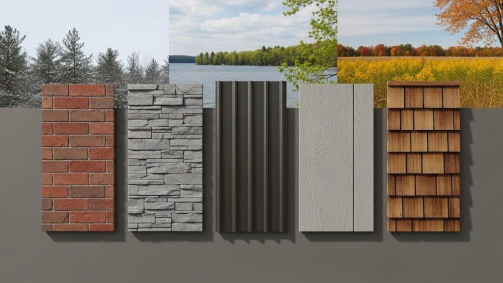 Five siding types in front of seasonal landscapes: brick, stone, metal, wood, and cedar shingles.