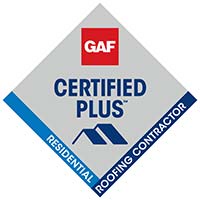 GAF Certified Plus Wisconsin Exterior Contractor logo with blue and red diamond shapes.
