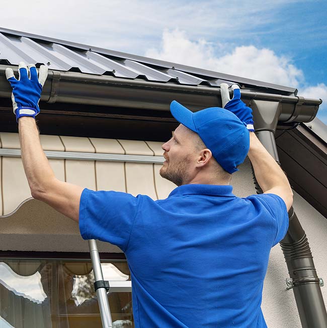 Man in blue uniform on ladder cleaning Horizon Exteriors gutters under a clear blue sky.