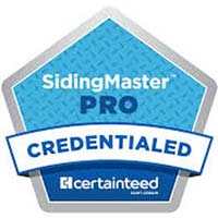 Blue badge reads: SidingMaster Pro Credentialed, CertainTeed, Wisconsin Exterior Contractor.