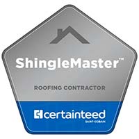 Gray and blue ShingleMaster badge, Wisconsin Exterior Contractor, CertainTeed logo.