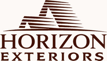 Brown stylized house roof lines above bold Horizon Exteriors text, experts in Wisconsin roofing.